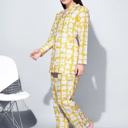 Bannos Swagger Yellow & White Abstract Printed Button Down Detail Night Suit-4