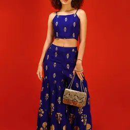 Sera Blue & Gold Toned Ethnic Printed Shoulder Straps Top With Palazzo-17