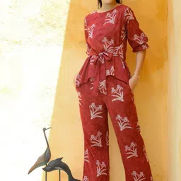 JISORA Women Maroon & White Printed Pure Organic Cotton Co-Ord Set-41