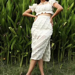 Campus Sutra White Self Design Square Neck Crop Top With Skirt-picture-6