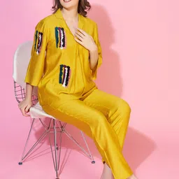 Bannos Swagger Yellow & White Lace Detailing Notched Lapel Collar Night suit-image-91