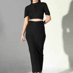 SHOWOFF Self Design High Neck Short Sleeves Top With Skirt-image-39