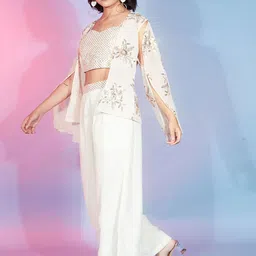 Mitera White & Gold-Toned Embellished Shoulder Straps Top With Palazzo & Shrug-13