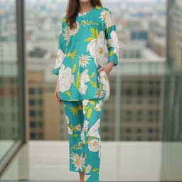 NEYSA Floral Printed Round Neck Tunic With Trousers Co-Ords Set-image-30