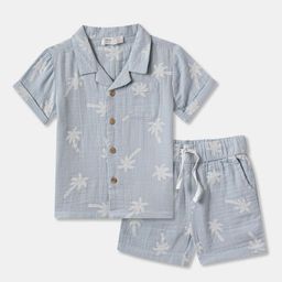 R&B Printed Shirt Collar Pure Cotton Shirt with Shorts-image-73