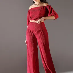 SHOWOFF Self Design Off-Shoulder Neck Three-Quarter Sleeves Top With Trouser-image-88