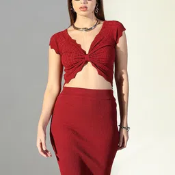 SHOWOFF Self Design V-Neck Short Sleeves Top With Skirt-picture-35