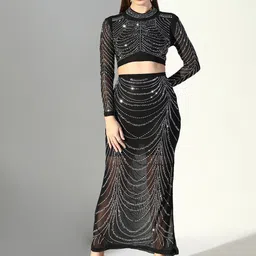 SHOWOFF Embellished High Neck Long Sleeves Top With Skirt-picture-45