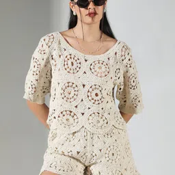 SHOWOFF Self Design Round Neck Short Sleeves Top With Shorts-image-26