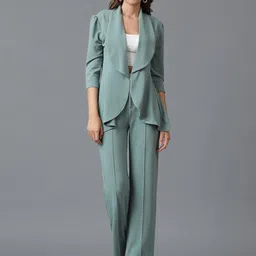 Kotty Sea Green Shawl Neck Coat With Trousers-image-62