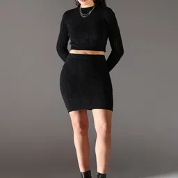 SHOWOFF Self Design Round Neck Long Sleeves Top With Skirt-image-85