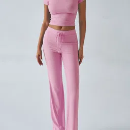 StyleCast Pink Round Neck Short Sleeves Crop Top With Trousers-picture-15