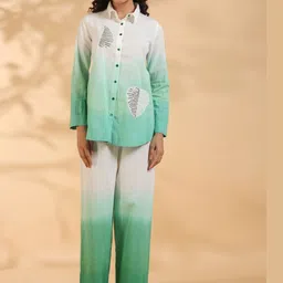 Kaftanize Women Green Leaf Patch With Sequence Work Co-Ords-image-10