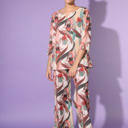 ETC White & Beige Floral Printed Pure Cotton Night suit-image-10