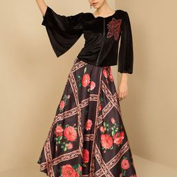 Antheaa Black Embellished Velvet Top With Skirt-image-22