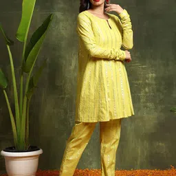 AKS Couture Striped Keyhole Neck Long Sleeves A-Line Pure Cotton Kurti With Trousers-picture-4