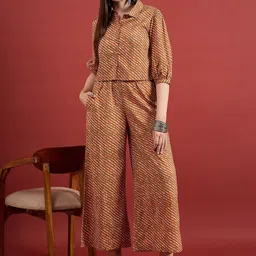 All About You Beige Printed Pure Cotton Shirt Collar Shirt With Palazzo-picture-24