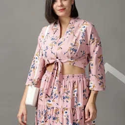 SHOWOFF Women Pink Floral Printed Top With Skirt Co-Ords-picture-48