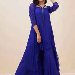 Antheaa Square Neck Puffed Sleeves Pleated A-Line Top With Palazzos-21