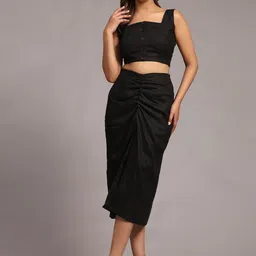 BAESD Square Neck Sleeveless Ruched & Tie Ups Detail Linen Top With Skirts-picture-18