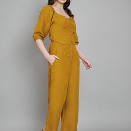 Amagyaa V-Neck Puff Sleeves Linen Top With Flared Palazzo-image-91