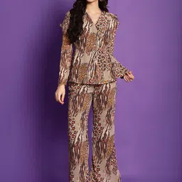 Claura Brown Animal Printed Top With Palazzo-32