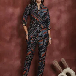 Claura Black & Blue Mandarin Collar Tunic with Mid-Rise Trousers Ethnic Co-Ords-26