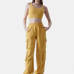The Souled Store Yellow Pure Cotton Top With Cargo Trousers-image-12