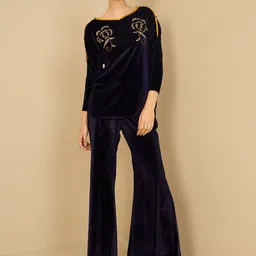 Antheaa Navy Blue Embellished Velvet Top With Palazzo-picture-19