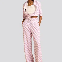 Muvazo Checked Shirt Collar Cotton Blend Top With Trouser Co-Ords-picture-5