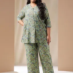 Janasya Plus Size Printed Pure Cotton Tunic With Trousers-25