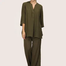 Saltpetre Mandarin Collar Linen Tunic With Trousers-image-37