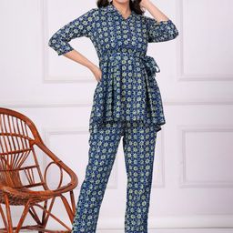 Vastralay Floral Printed Shirt Collar Tie-Up Belt Tunic With Trousers-picture-10