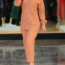 LULU & SKY Ribbed Shirt Collar Top With Trousers-image-46