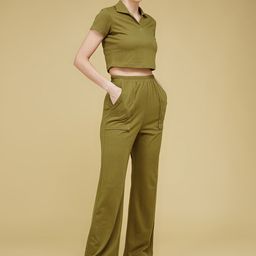 DressBerry Olive Green Short Sleeves Crop T-Shirt With Trouser Co-Ords-image-69