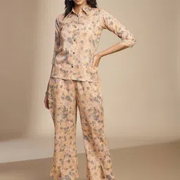 HRITIKA Floral Printed Shirt Collar Top With Trousers-image-22