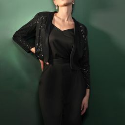 BLANC9 Women Sequinned Jacket with Top & Palazzos Co-Ords Set-image-42