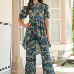 JISORA Blue & Beige Floral Printed Pure Cotton Top With Trousers-picture-37