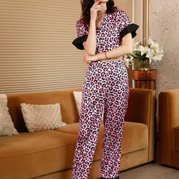 STREET 9 Pink & Black Abstract Printed Shirt Collar Night suits-picture-55