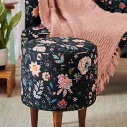 Chumbak Black & Pink Floral-Printed Round Shaped Leg Ottoman-24