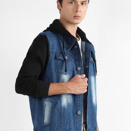 Campus Sutra Washed Colourblocked Windcheater Denim Jacket-image-34