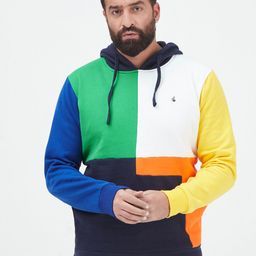 MR BUTTON Men Navy Blue & Green Colourblocked Hooded Cotton Pullover-picture-10