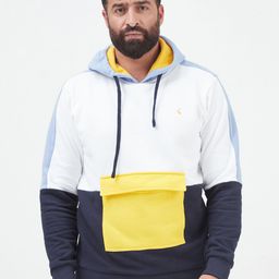 MR BUTTON Men White & Navy Blue Colourblocked Hooded Cotton Pullover-picture-11