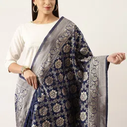 Silk Land Navy Blue & Gold-Toned Ethnic Motifs Woven Design Pure Banarasi Silk Dupatta-picture-14