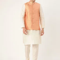 SOJANYA Men Off-White & Peach-Coloured Solid Kurta with Churidar & Nehru Jacket-5