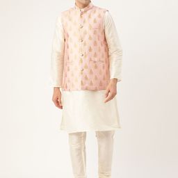 SOJANYA Men Off-White & Pink Solid Kurta & Churidar with Woven Design Nehru Jacket-image-22