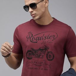 Roadster Men Burgundy Biker Printed Pure Cotton T-shirt-image-68
