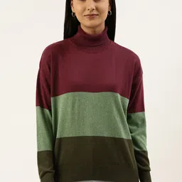 FOREVER 21 Women Maroon & Green Colourblocked Colourblocked Pullover-picture-19
