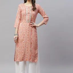MIRAVAN Women Peach-Coloured & White Bandhani Printed Gotta Patti Kurta-10
