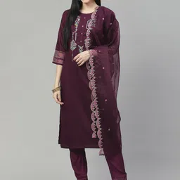 SheWill Women Burgundy Ethnic Motifs Embroidered Kurta with Trousers & With Dupatta-13